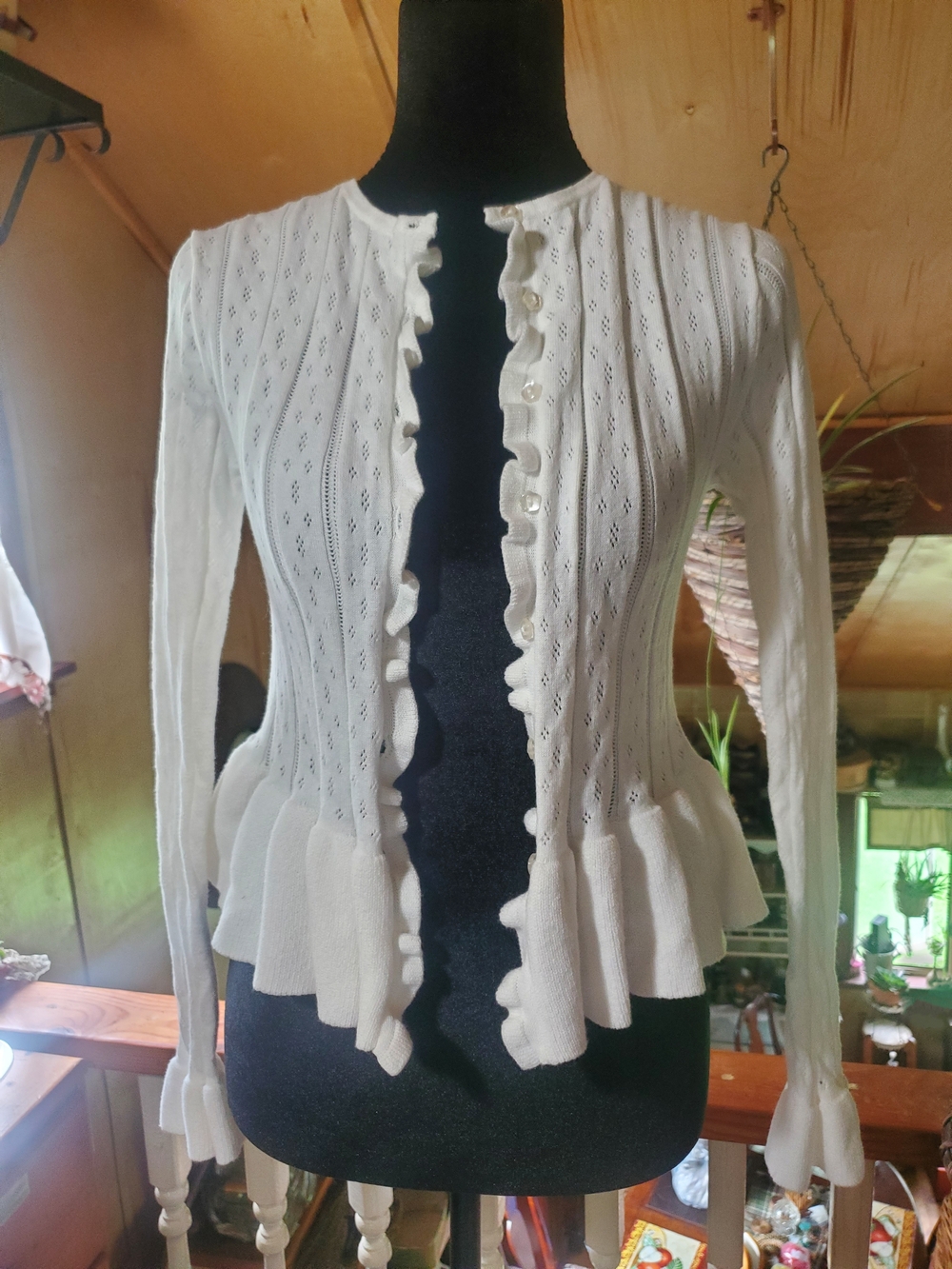 Women's White Ruffle Hem Pointelle Cardigan